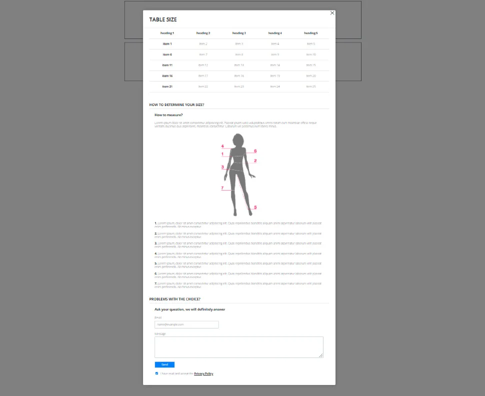 Таблица размеров во всплывающем окне в светлой теме с разделом «How to determine your size» и схемой измерения